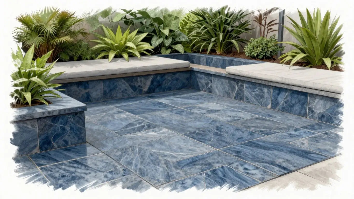 Nova Blue Limestone patio sketch with plants.