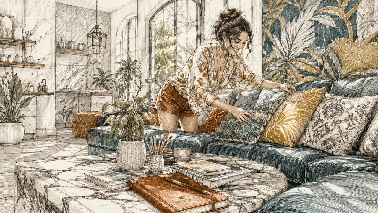 Woman arranging cushions near teal feature wall