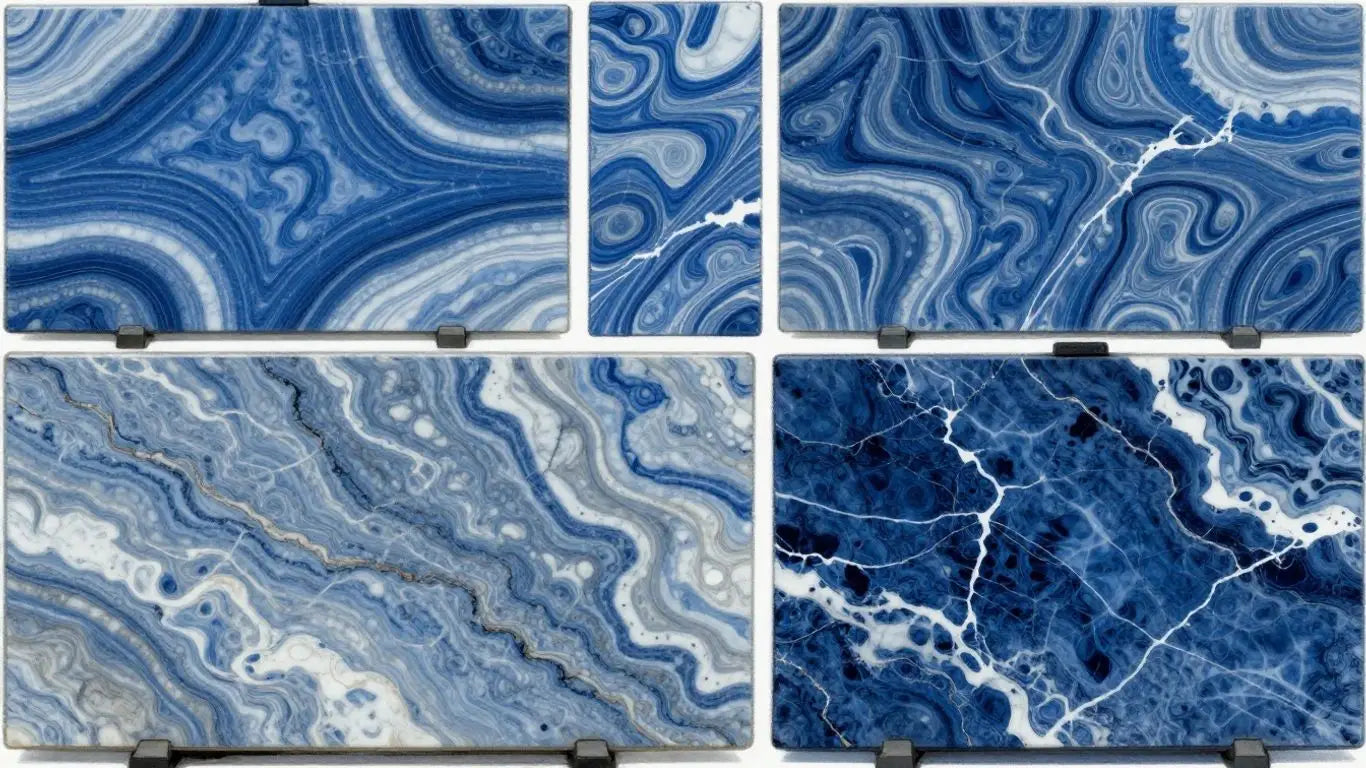 Various blue marble slabs with intricate veining patterns.