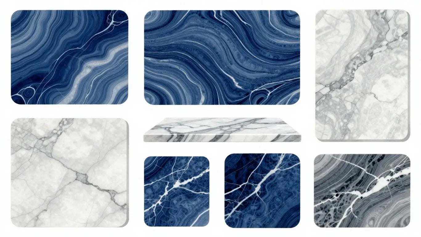 Various blue marble slabs with intricate veining patterns.