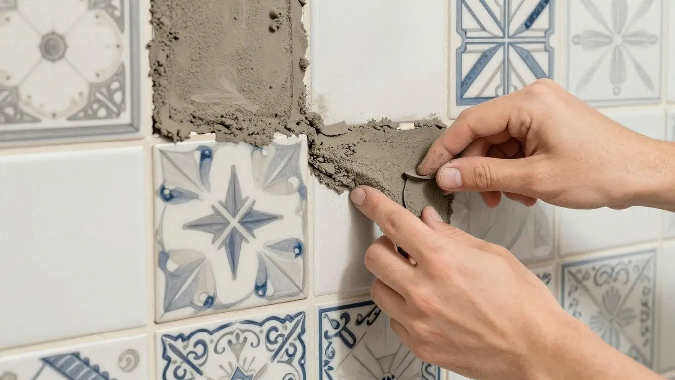Applying grout to a custom tiled backsplash.
