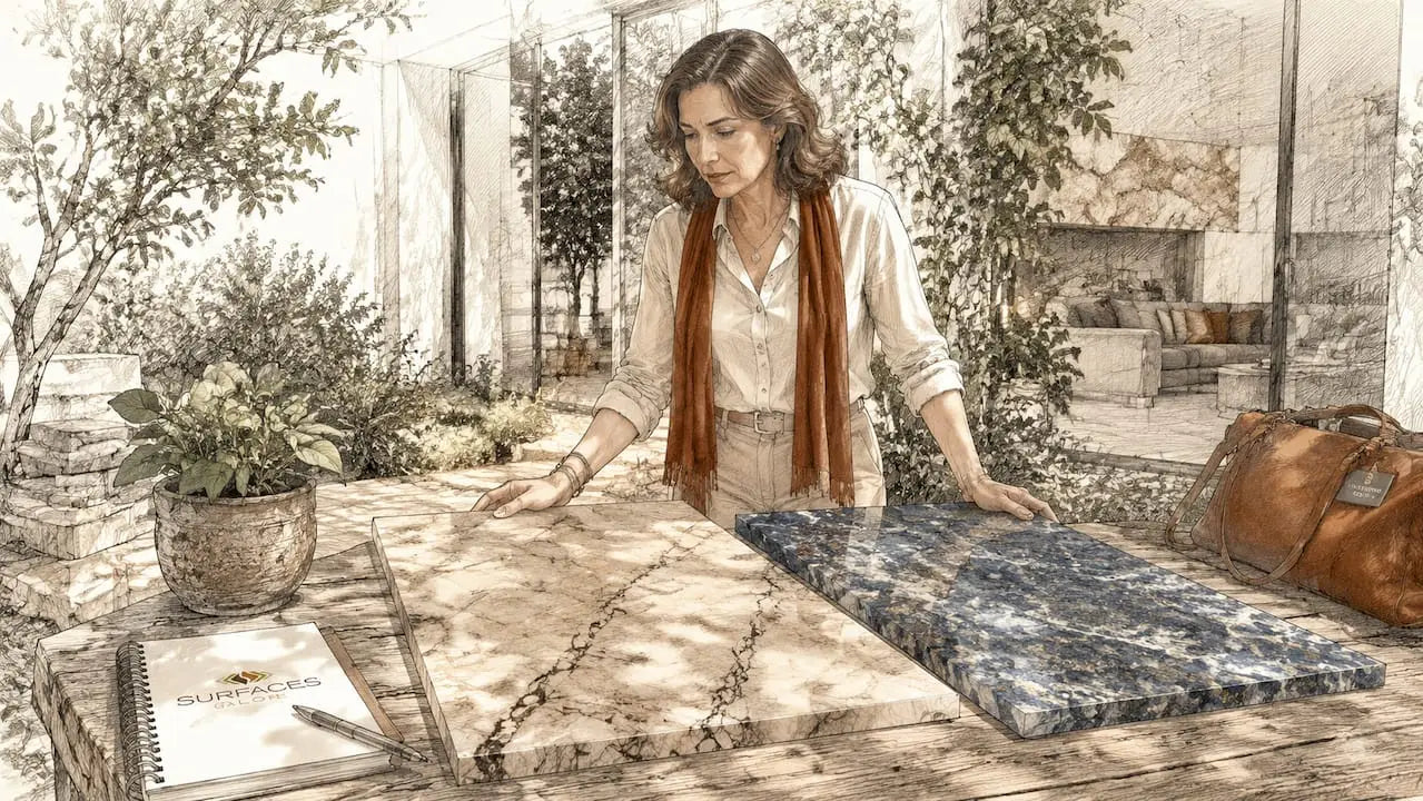 Woman inspecting marble and quartzite slabs in kitchen showroom