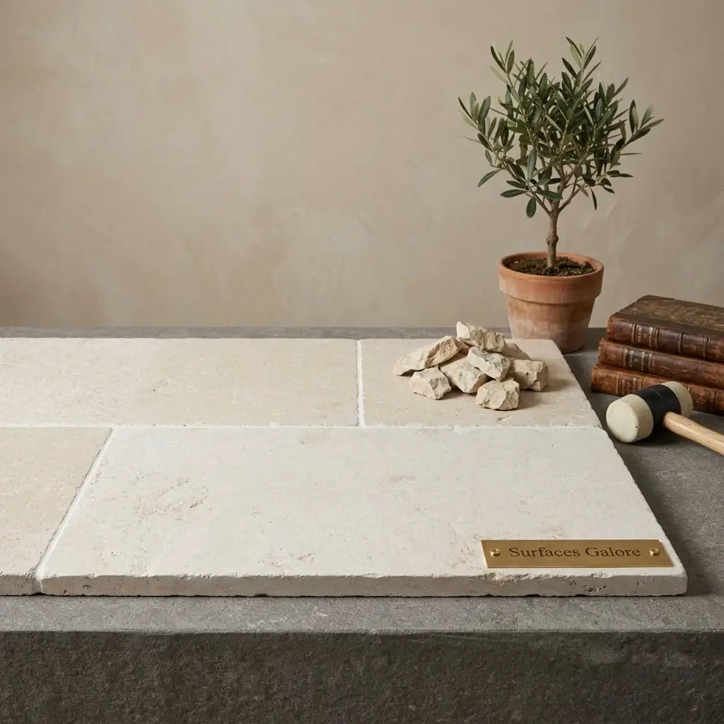 Beige Bordeaux Rustique limestone aged stone tiles with natural rough texture and subtle tone variations 16x24 inches