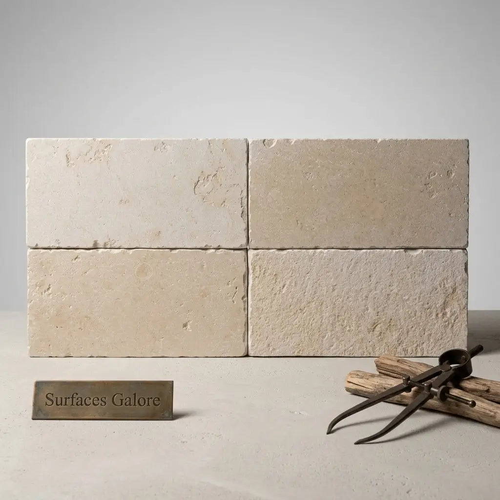 Four rectangular beige limestone tiles with a textured natural surface from bordeaux rustique 16x24 reclaimed collection