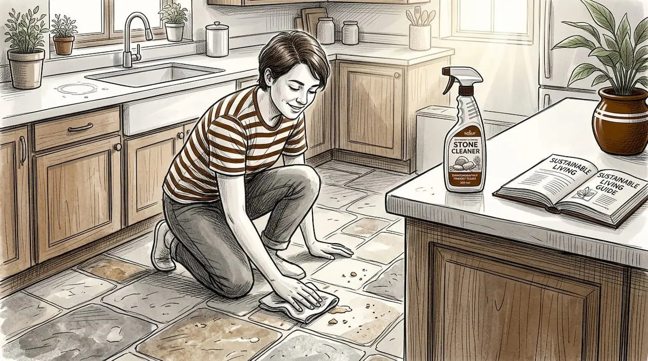 Homeowner cleaning durable stone kitchen floor