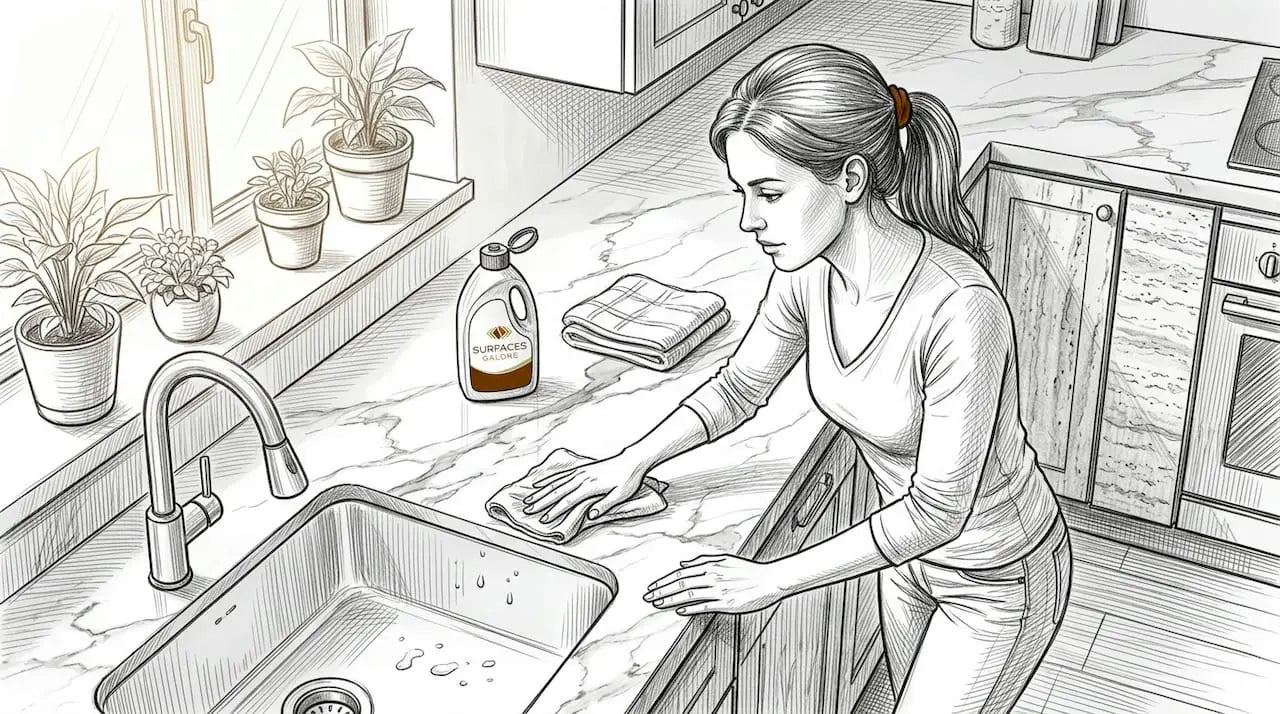 Woman cleaning marble countertop before polishing