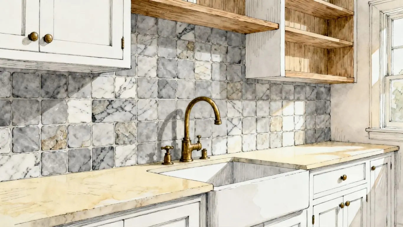 Bardiglio tumbled marble kitchen backsplash