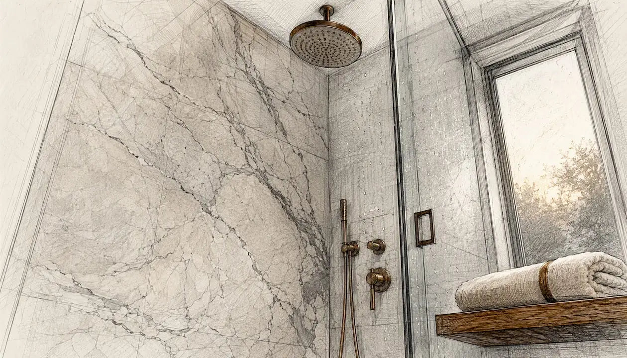 Large-format natural stone slab shower wall
