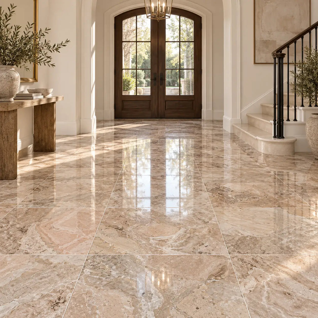Beige breccia oniciata italian marble floor tiles 12x12 with natural veining and polished reflective surface