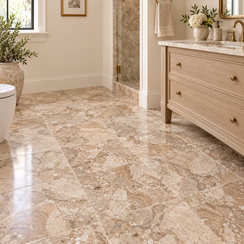 Beige and tan marble patterned breccia oniciata italian marble 12x12 honed polished bathroom floor tiles with glossy finish