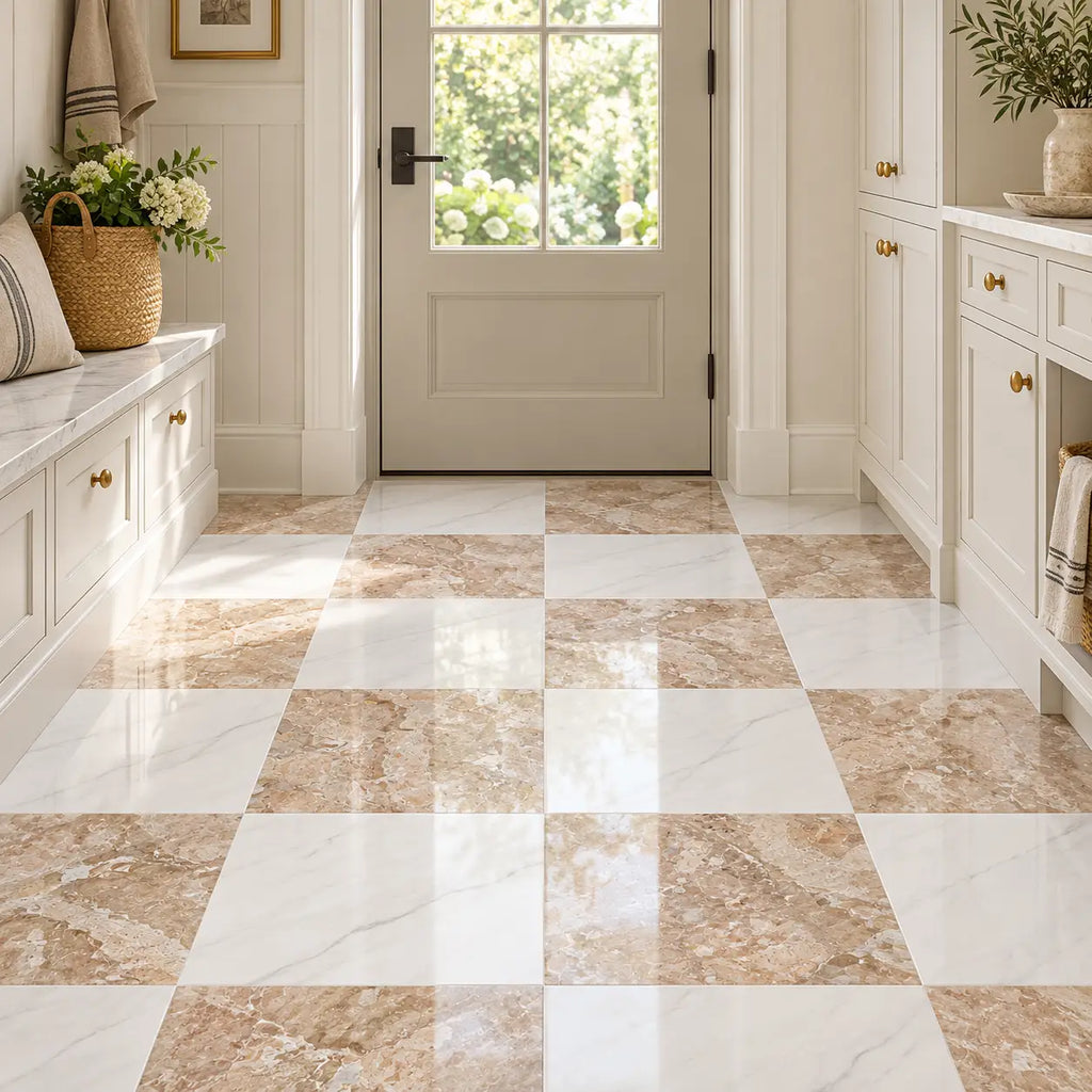 Beige and white marble effect checkered floor tiles made of breccia oniciata italian marble 12x12 honed polished