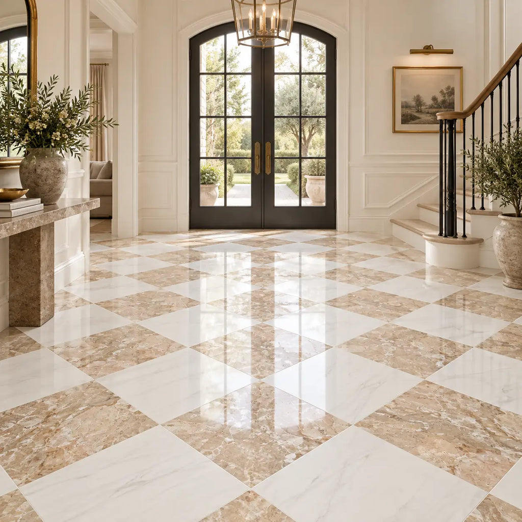 The floor features polished checkered white and beige breccia oniciata italian marble 12x12 honed polished tiles