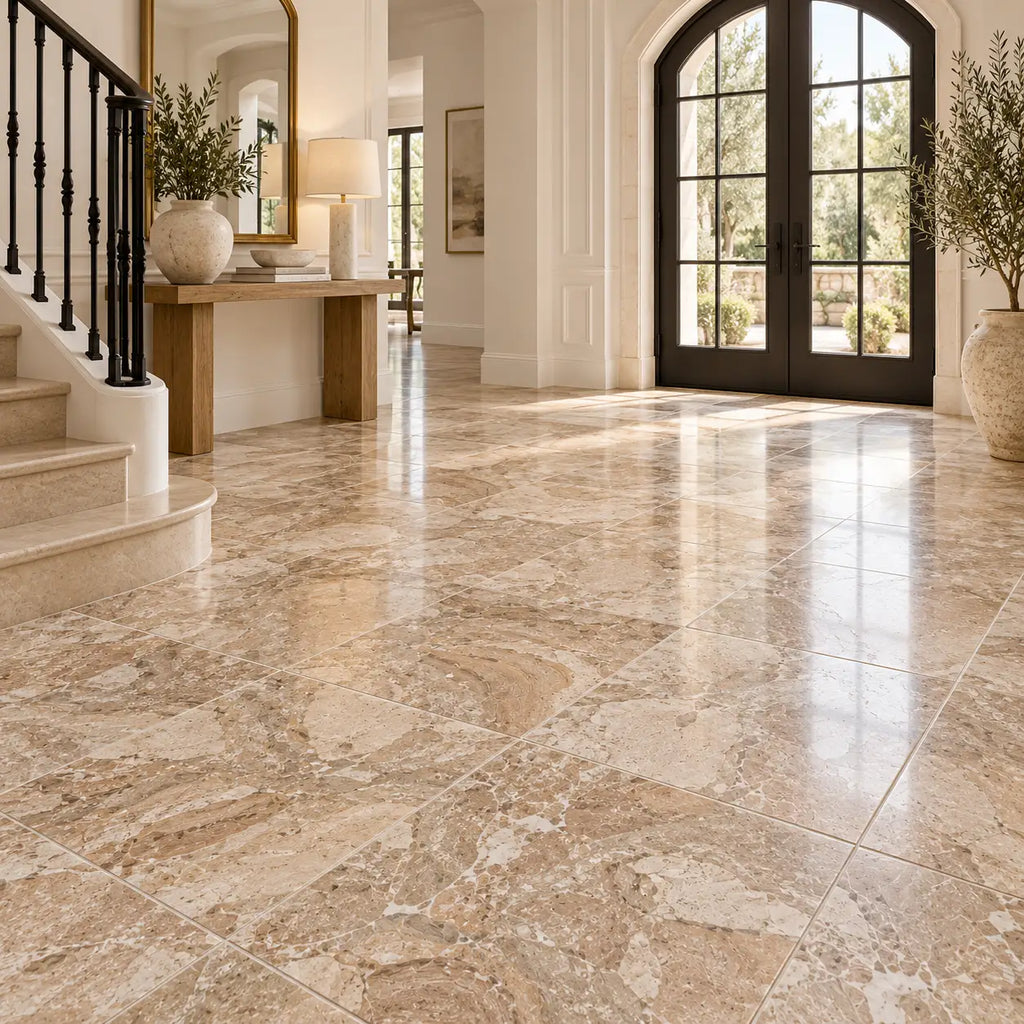 Beige and cream breccia oniciata italian marble floor tiles with natural veining 18x18 honed polished finish