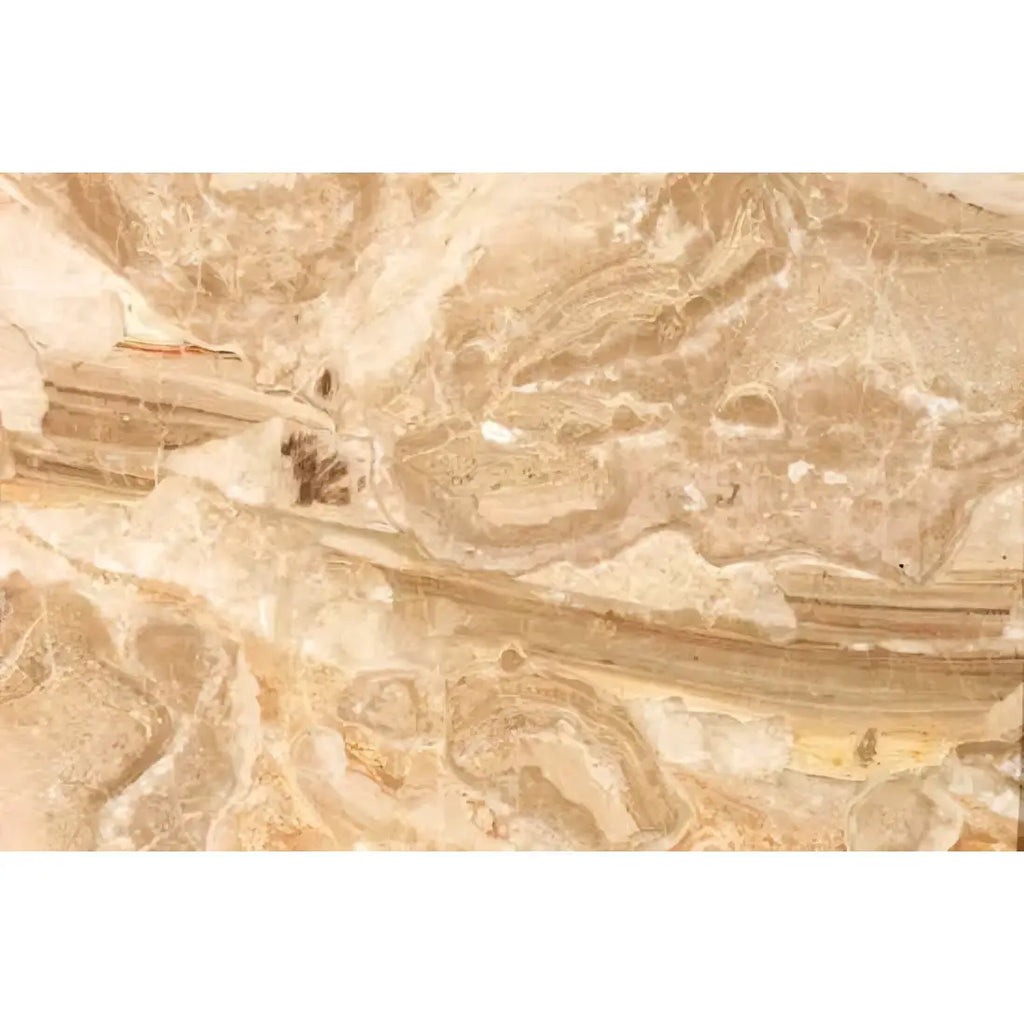 Beige breccia oniciata Italian marble surface with cream tan and subtle brown swirling veins 18x18 honed polished