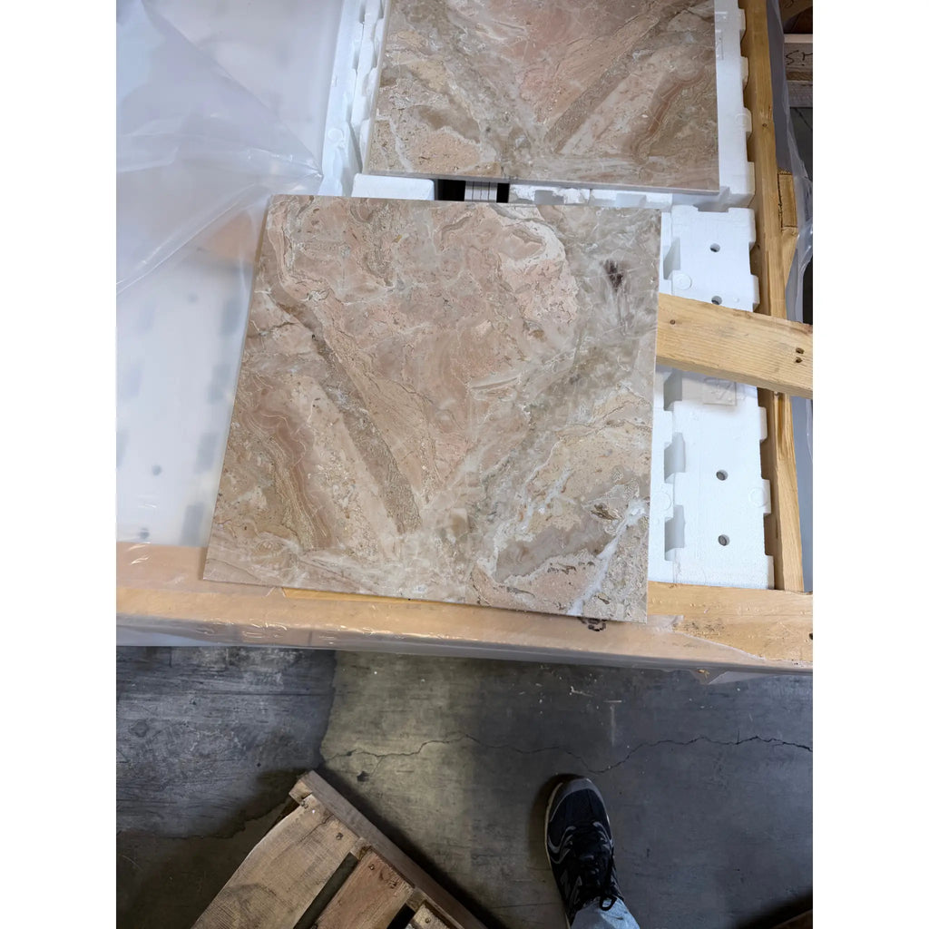 Beige and taupe breccia oniciata italian marble tile with natural veining 18x18 honed polished finish
