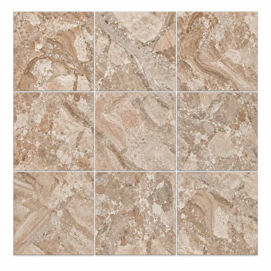 Beige and taupe marble effect square tiles with natural veining breccia oniciata italian marble 18x18 honed polished