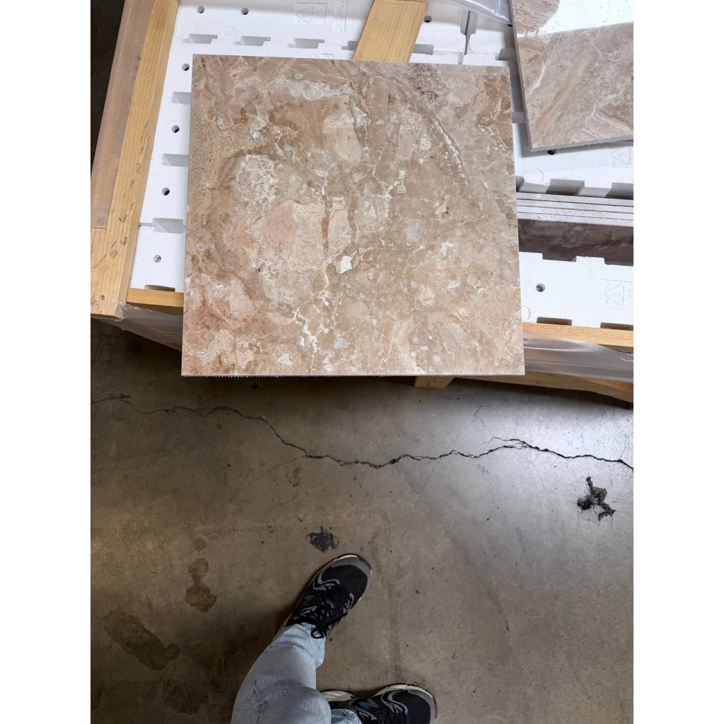 Beige breccia oniciata italian marble tile 18x18 with natural veining and smooth polished honed surface