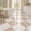 Checkerboard patterned bathroom floor tiles with alternating white marble and beige veined breccia oniciata Italian marble