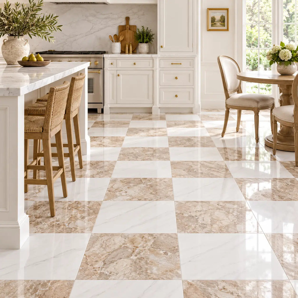 The floor features breccia oniciata italian marble 18x18 honed-polished tiles in a checkered white and beige pattern