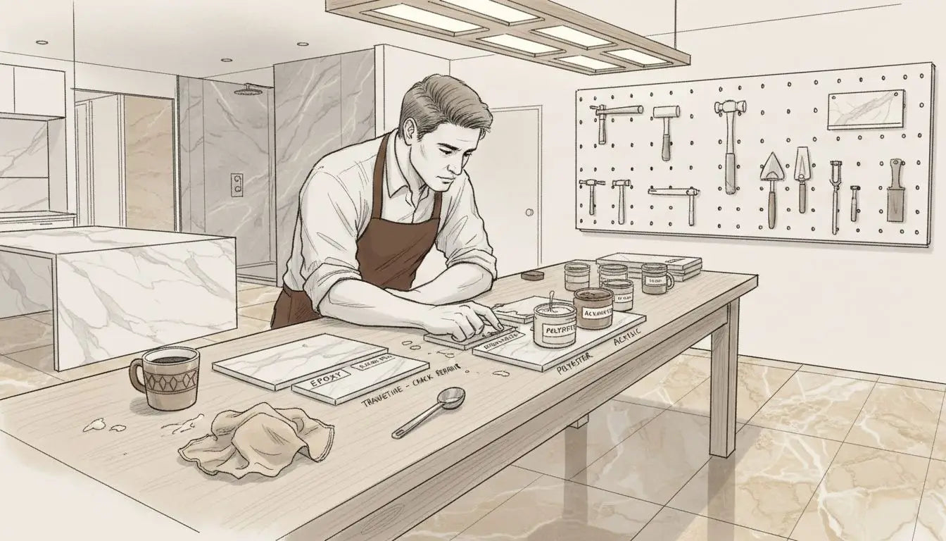 Marble filler samples tested on tiles in workshop