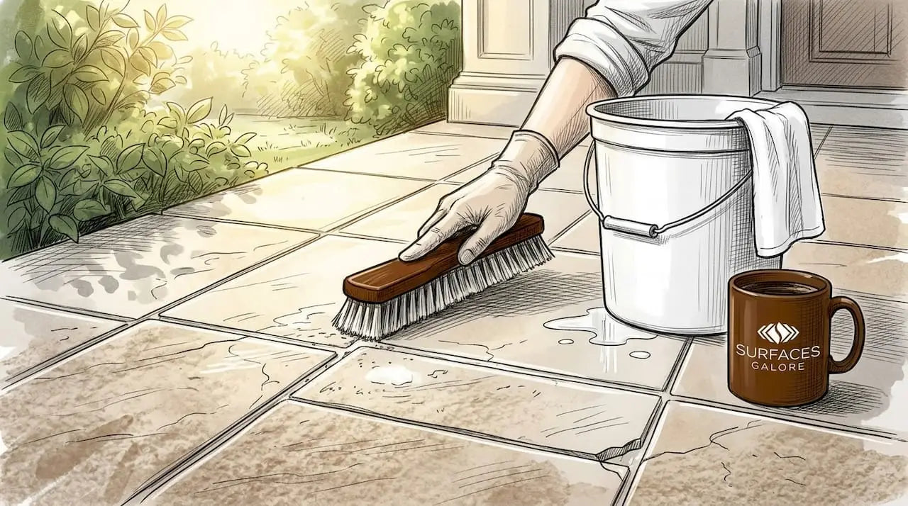 Hands scrubbing grout lines on kitchen tile floor