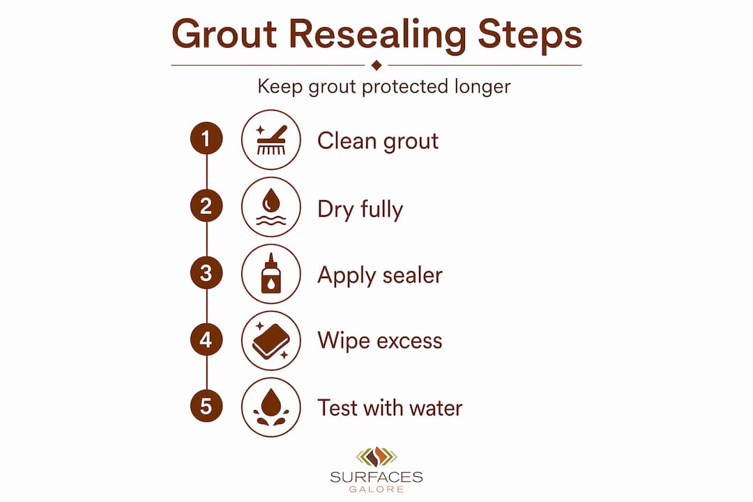 Infographic showing grout resealing step-by-step process