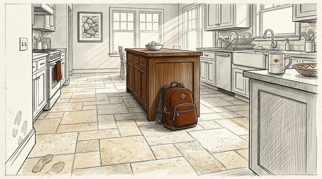 Honed travertine tile floor in family kitchen