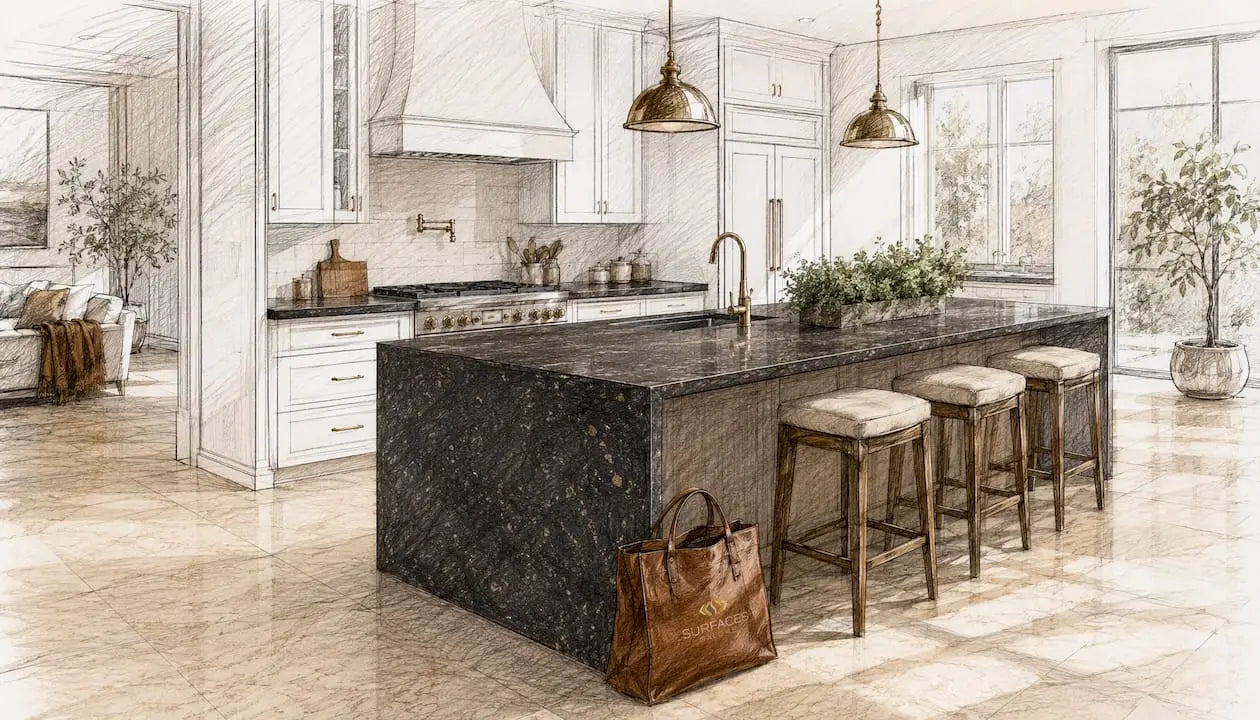 Modern kitchen featuring travertine floors and marble countertops