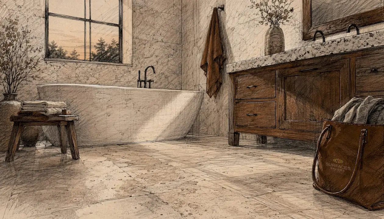 Elegant travertine bathroom with natural stone tiles