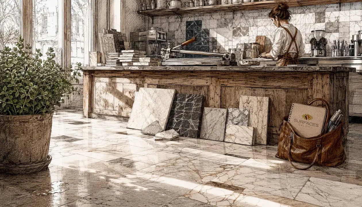 Marble tiled kitchen floor and backsplash