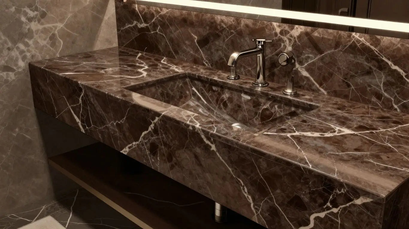 Emperador Dark Marble vanity and floor in a bathroom.
