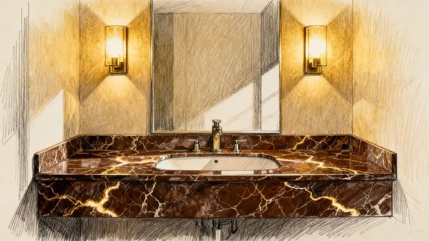 A dark luxury marble bathroom vanity