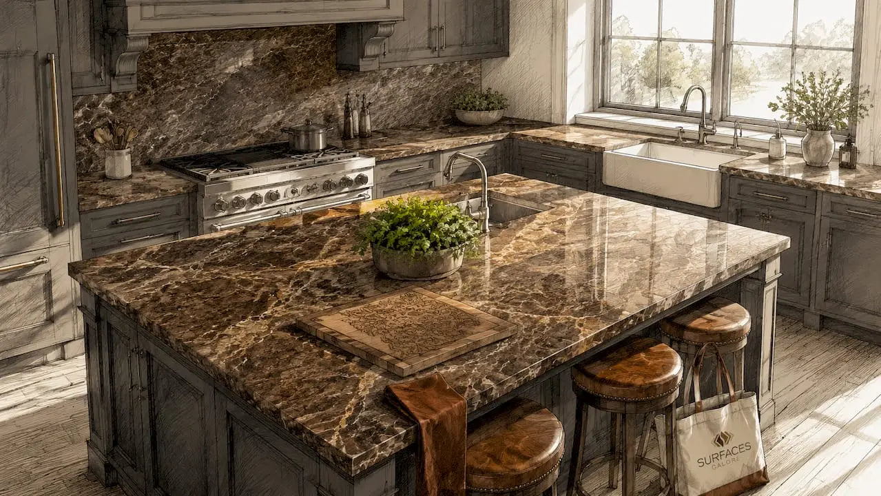 Luxury kitchen with Dark Emperador marble countertops