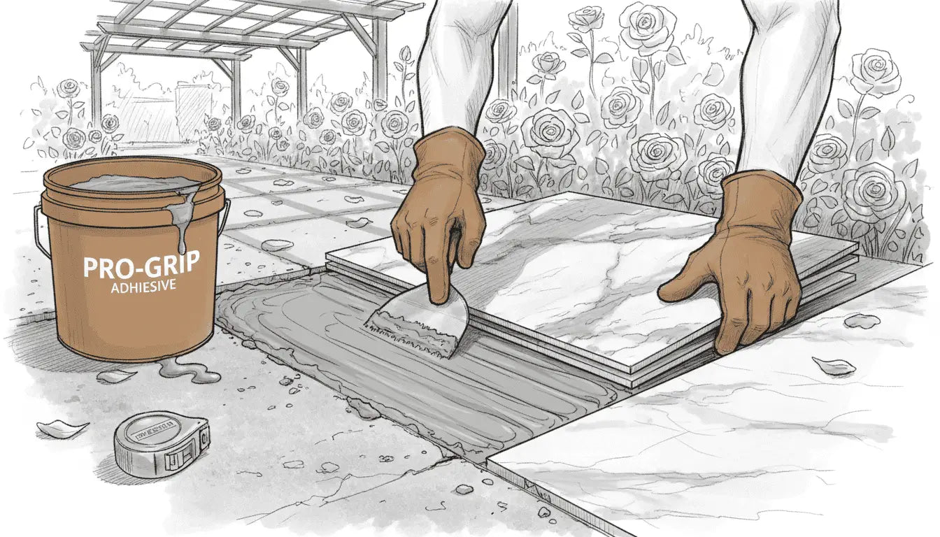 Hands applying mortar for marble tiles