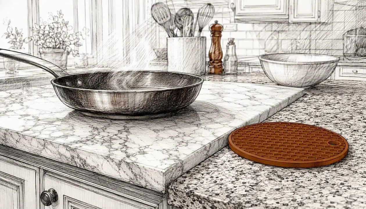 Hot pans on granite and marble countertops with trivet