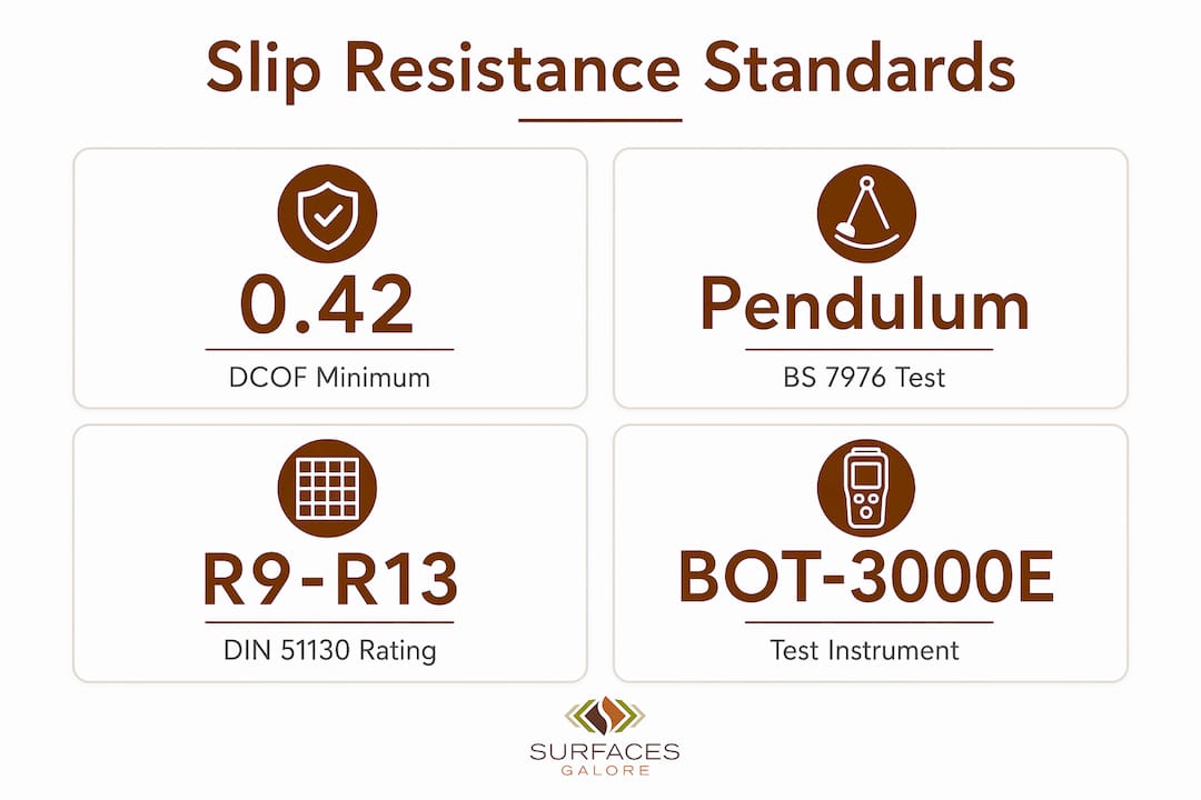 Infographic showing key slip resistance standards and metrics