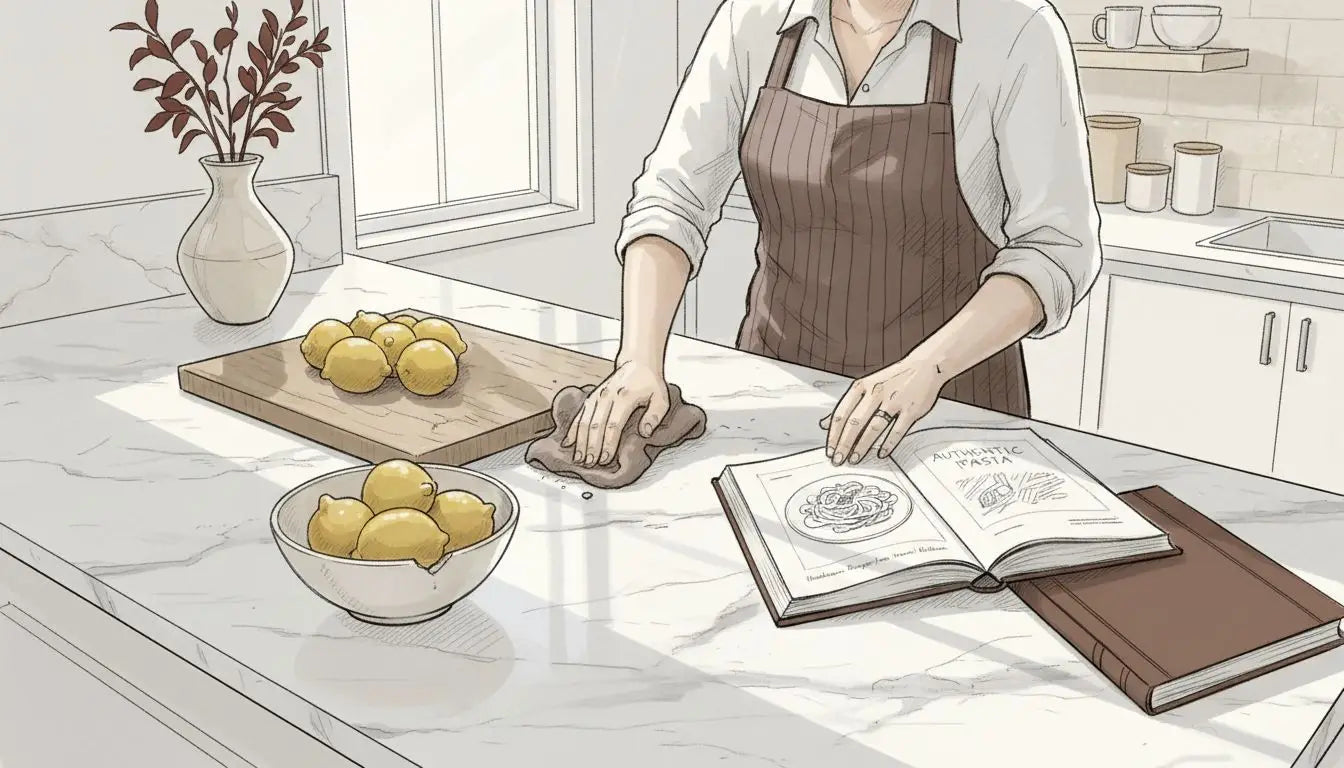 White marble countertop being cleaned