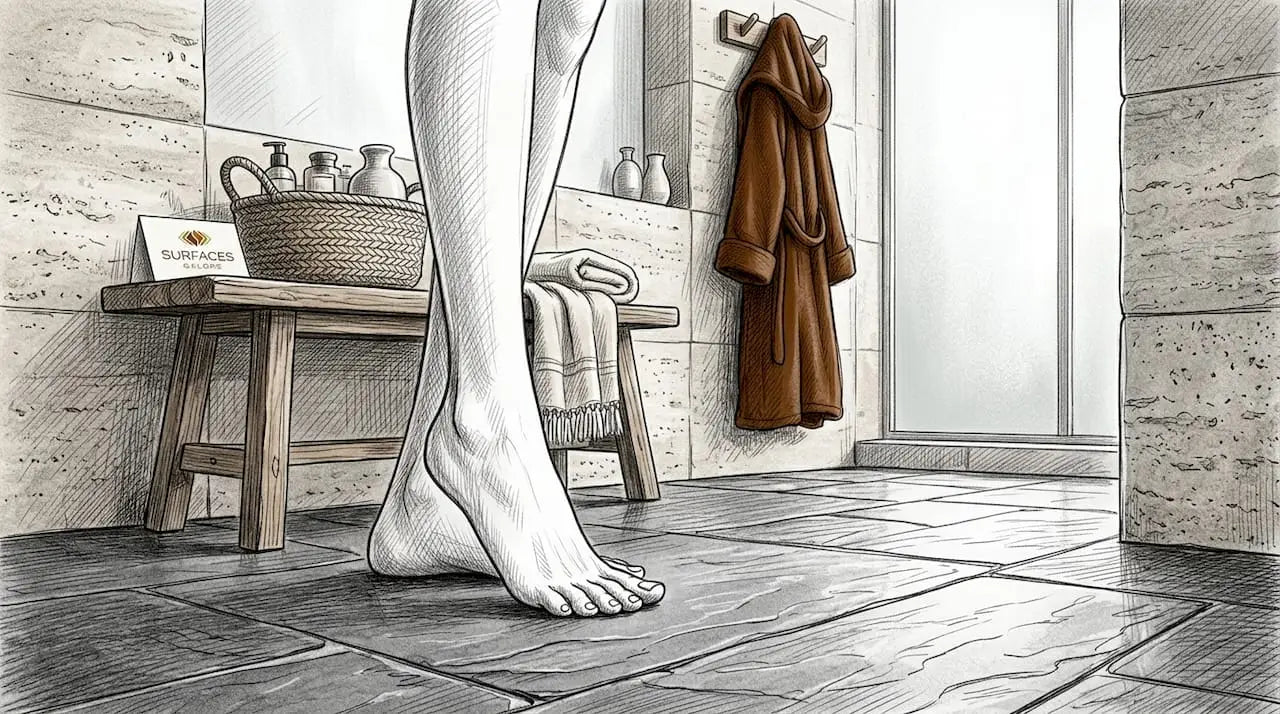 Barefoot woman on travertine spa floor