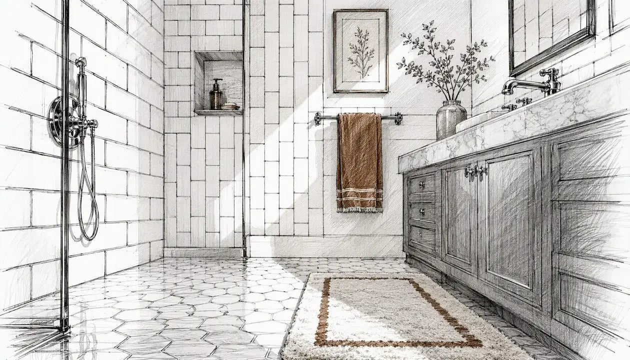 White subway tile bathroom wall with grout variation
