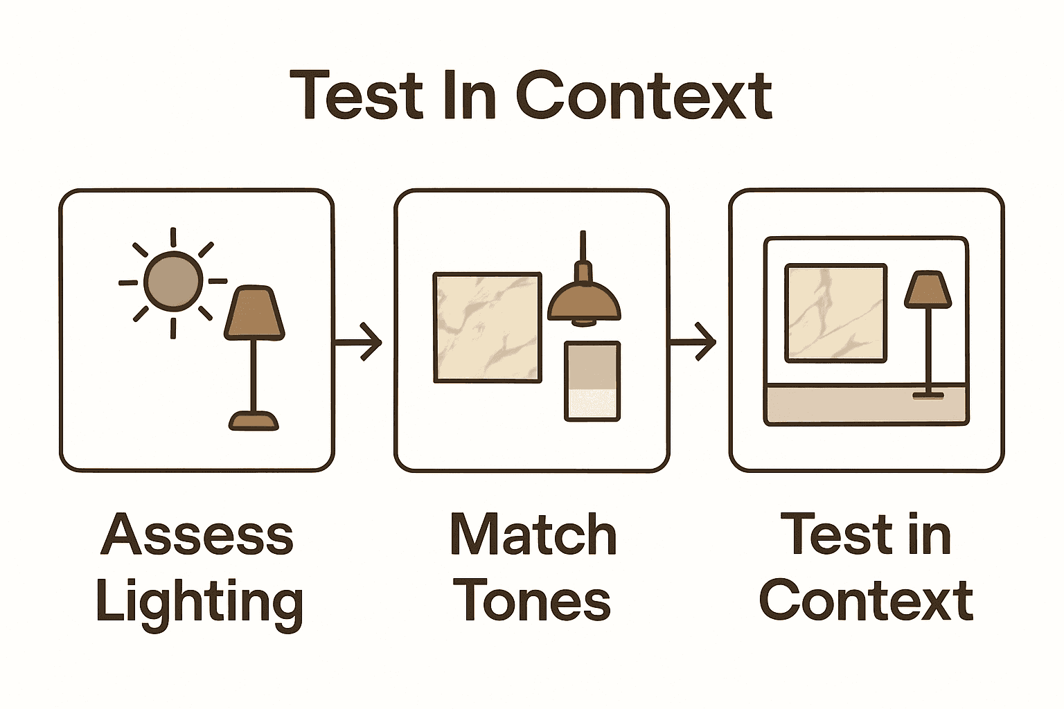 Three step process to choose marble colors: assess lighting, match tones, test in context.