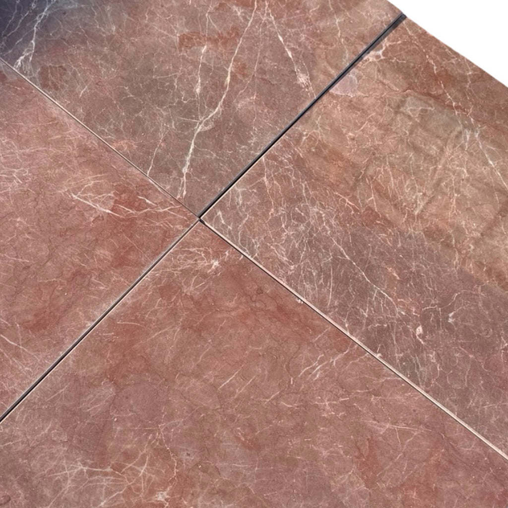 Polished Burgundy Mocha Marble 12x12 tile floor with brown base, white veining, grout lines
