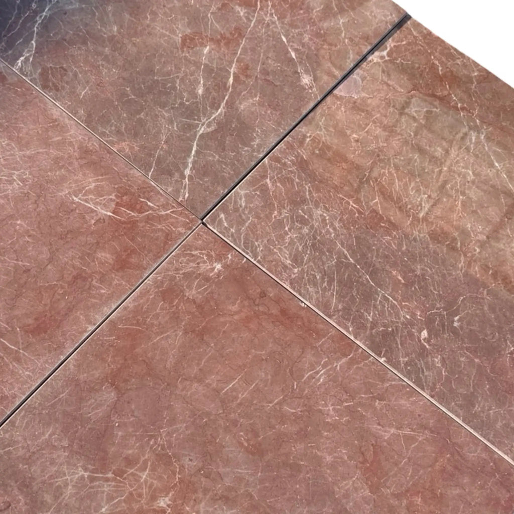 Polished Burgundy Mocha Marble 12x12 tile floor with brown base, white veining, grout lines