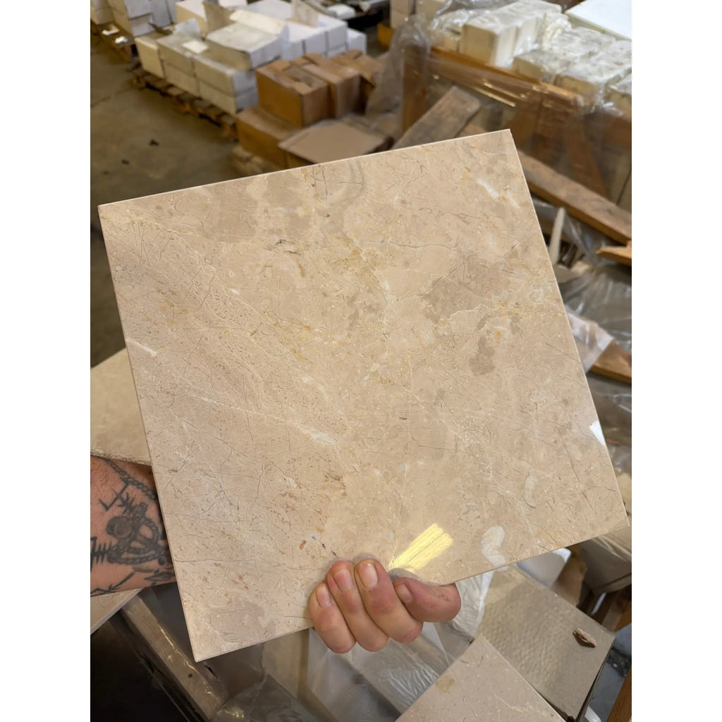 Bursa Beige Marble 12x12 polished tile with subtle veining and glossy finish