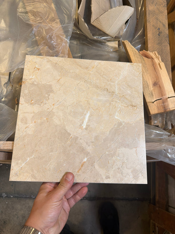 Bursa Beige Marble 12x12 polished-honed tile with subtle veining and glossy finish