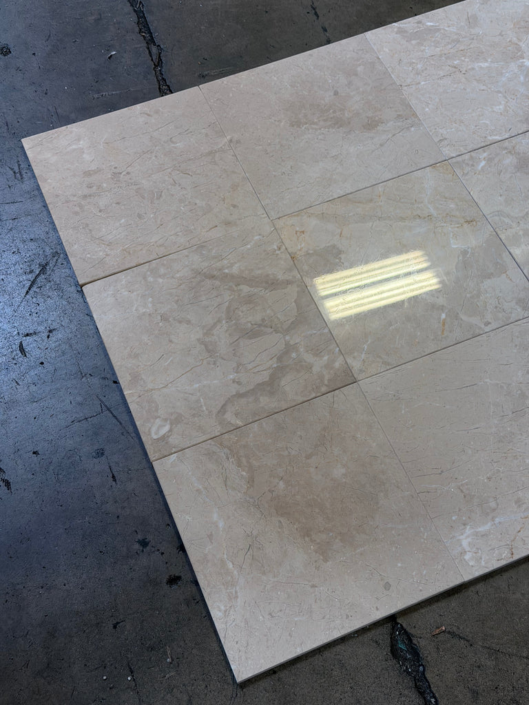 Bursa Beige Marble 12x12 polished tiles with subtle veining and glossy finish