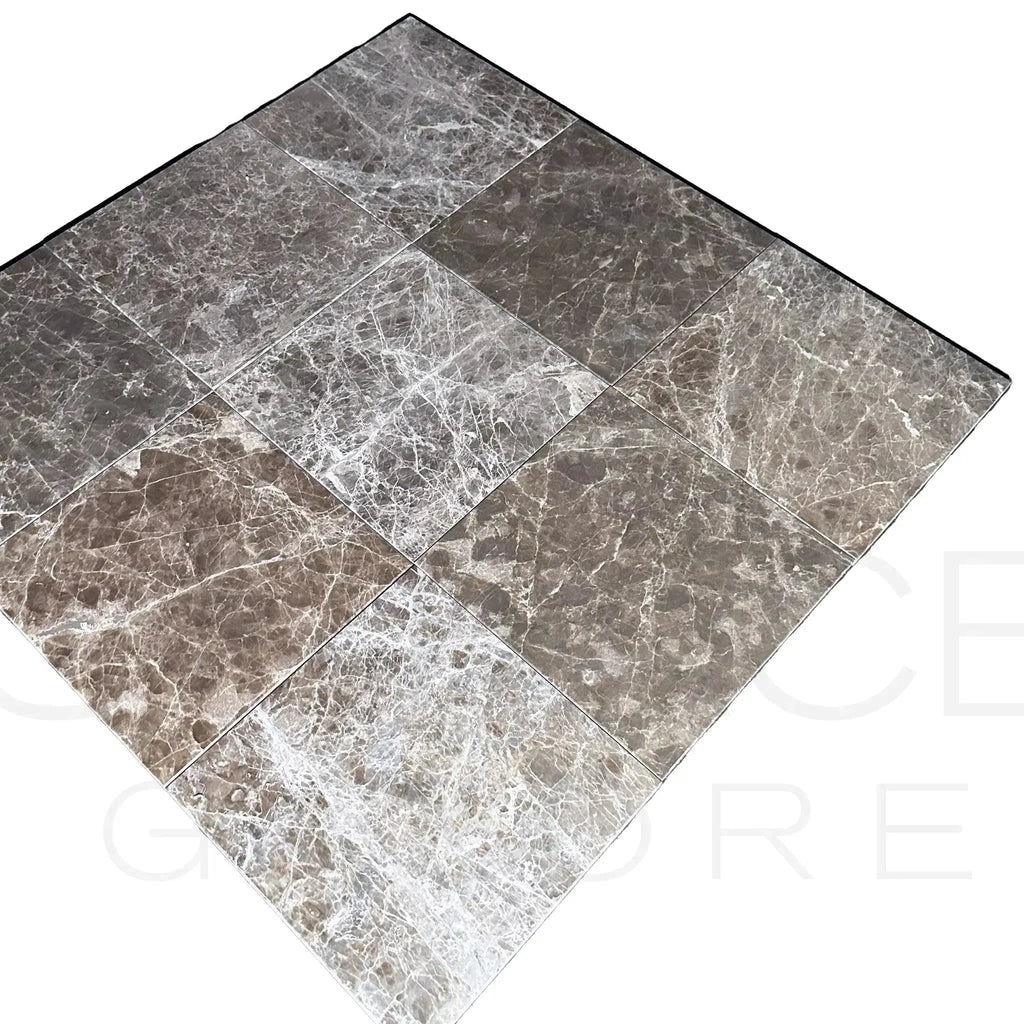 Square marble tile arrangement featuring Cafe Emperador 12X12 Polished Tile