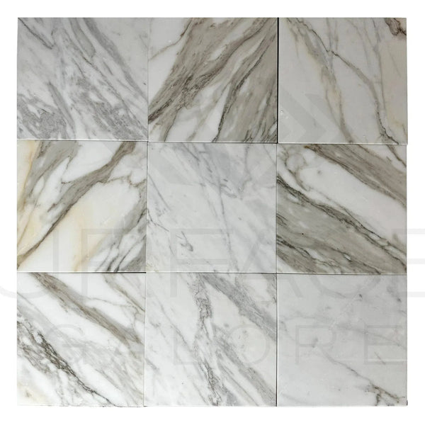 Calacatta Borghini Gold 12X12 Polished Marble Tiles in a stylish display set