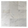 Nine square Calacatta Carrara polished marble tiles in a 300 sq. ft. product display