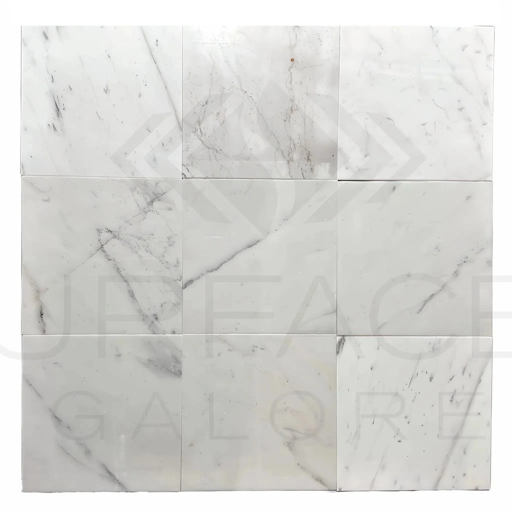Calacatta Carrara 12X12 Polished Marble Tile arrangement showcasing elegant design
