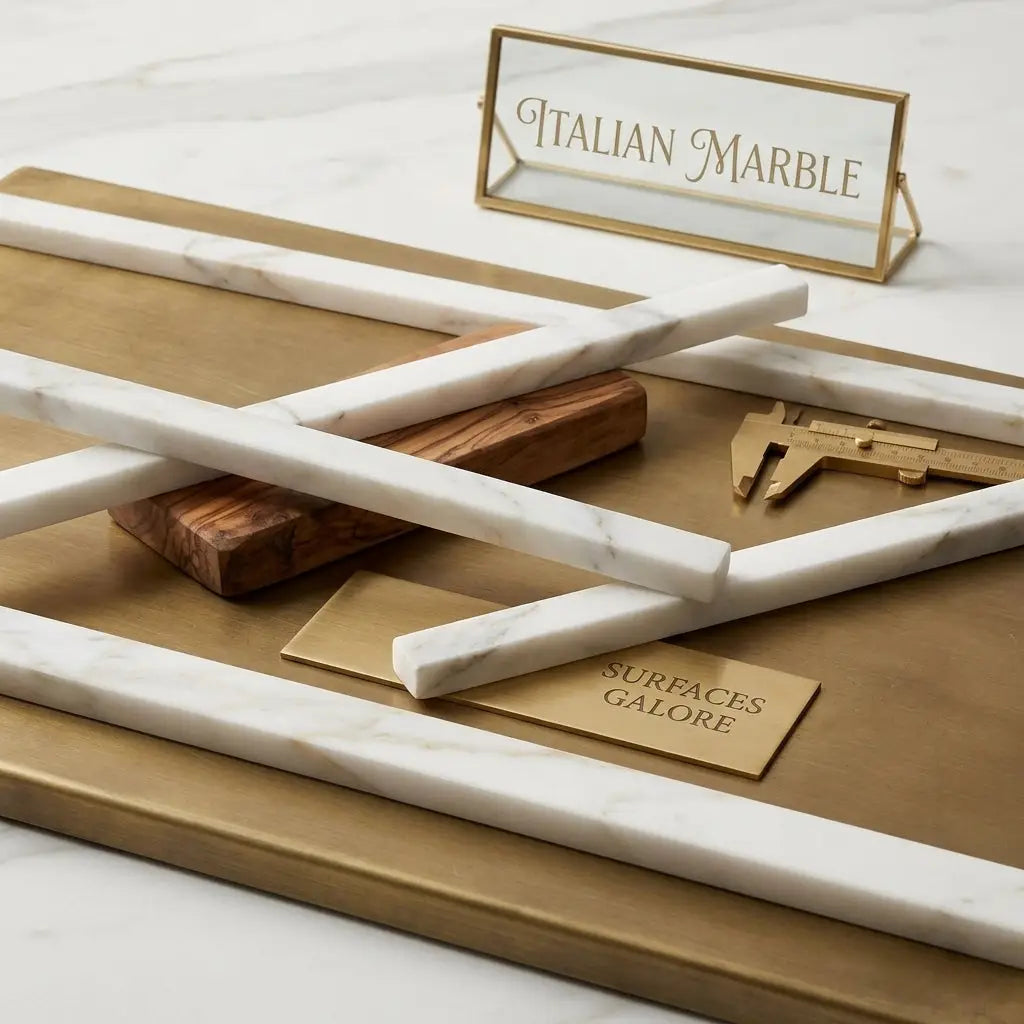 White Italian marble Calacatta Gold pencil liner rods with subtle gray veining displayed on a gold-toned tray